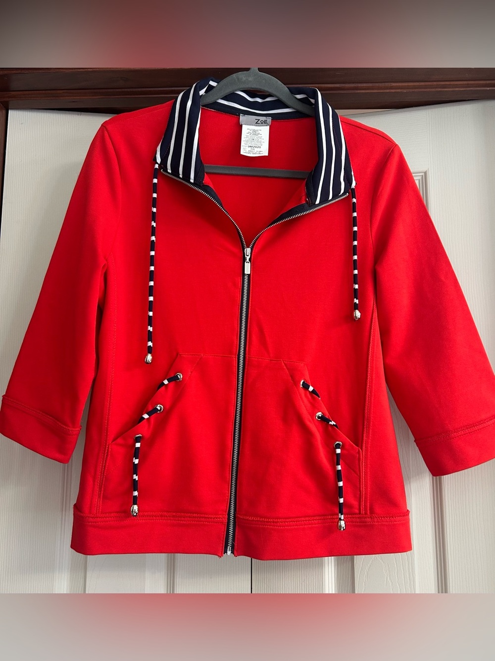 Zoe Red Athletic Red Jacket with a Striped Collar and Striped Drawstrings